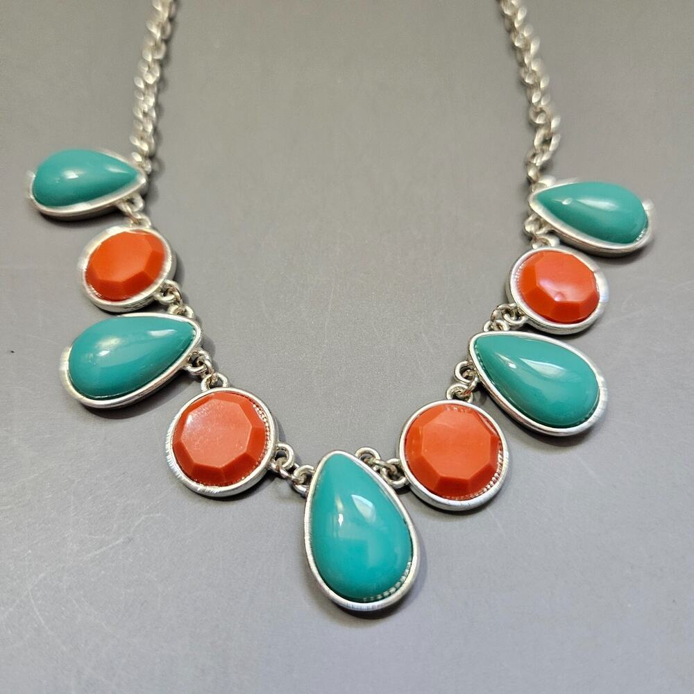 Liz Claiborne LC Coral Orange & Turquoise Blue Statement Necklace Silvertone